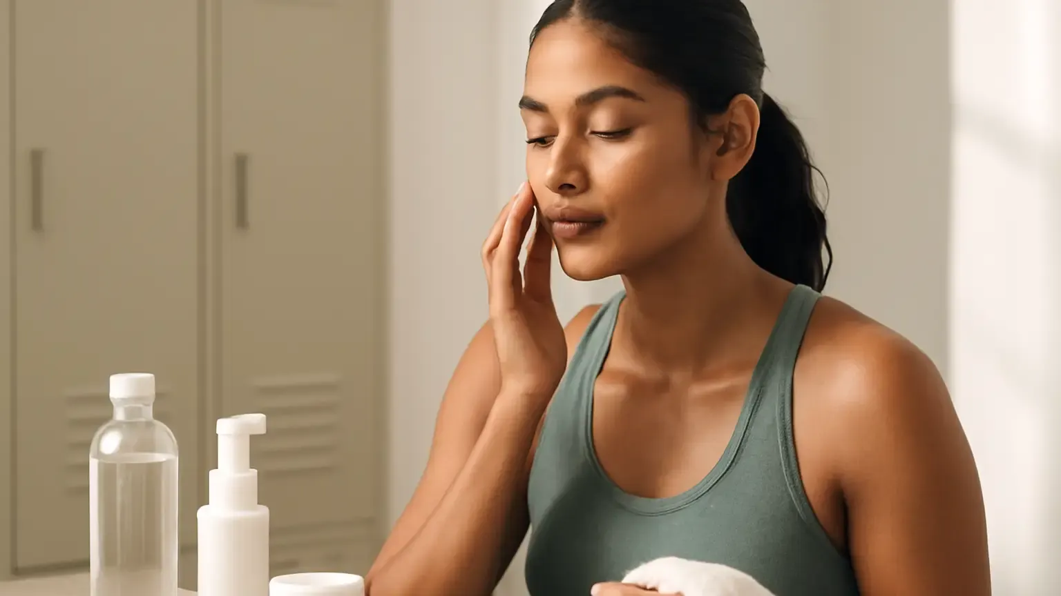 Indian woman following a gentle skincare routine after an indoor workout with a clean towel and unbranded products