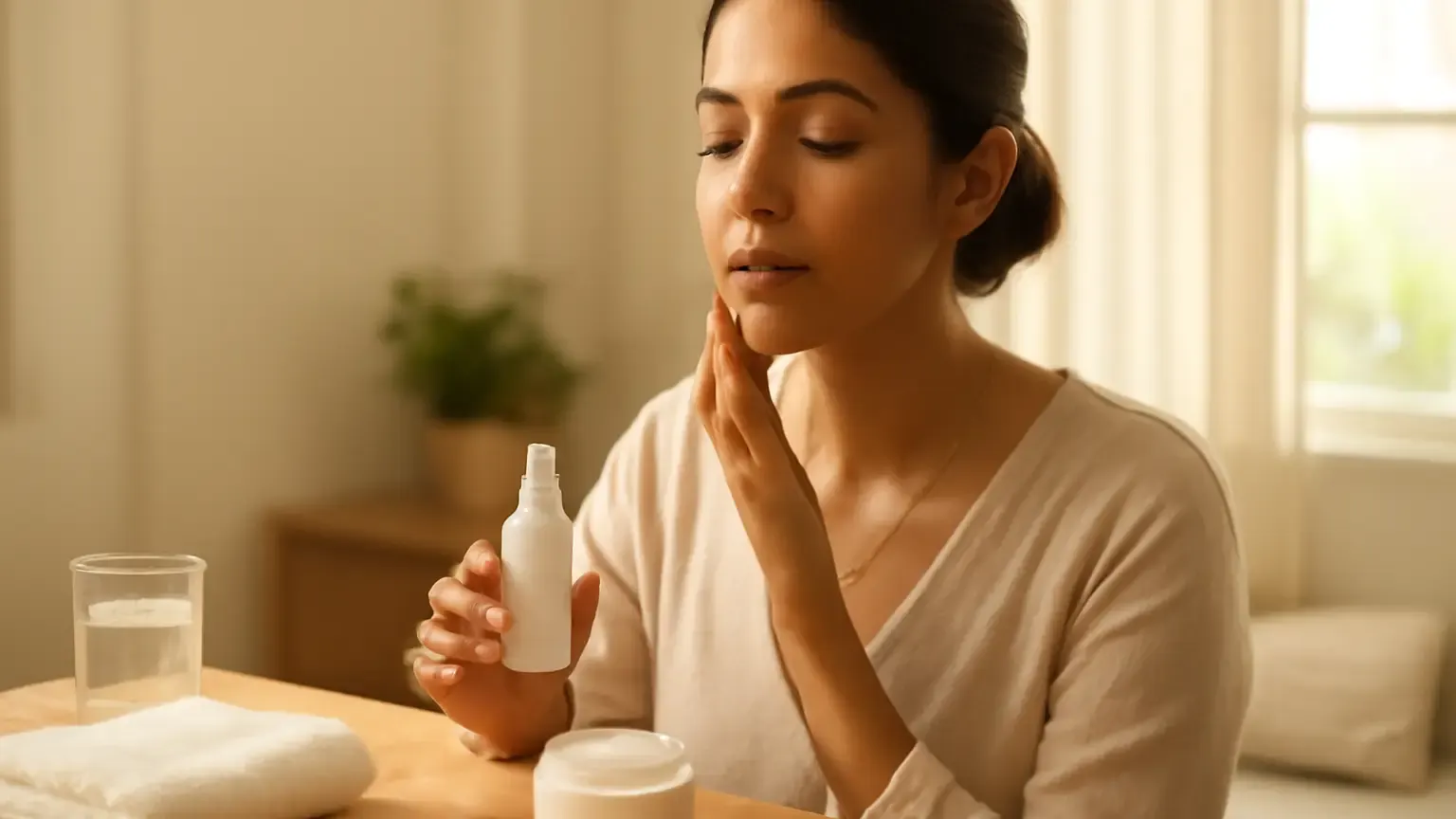 Person following a calm skincare routine beside simple wedding accessories