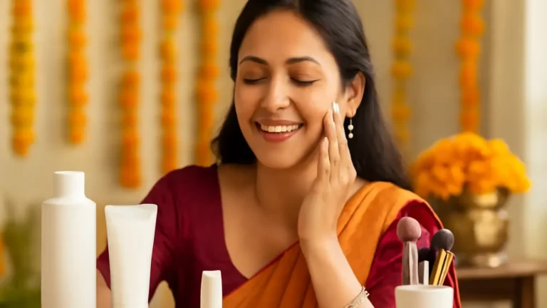Woman preparing festival skincare with moisturiser, sunscreen and clean makeup brushes