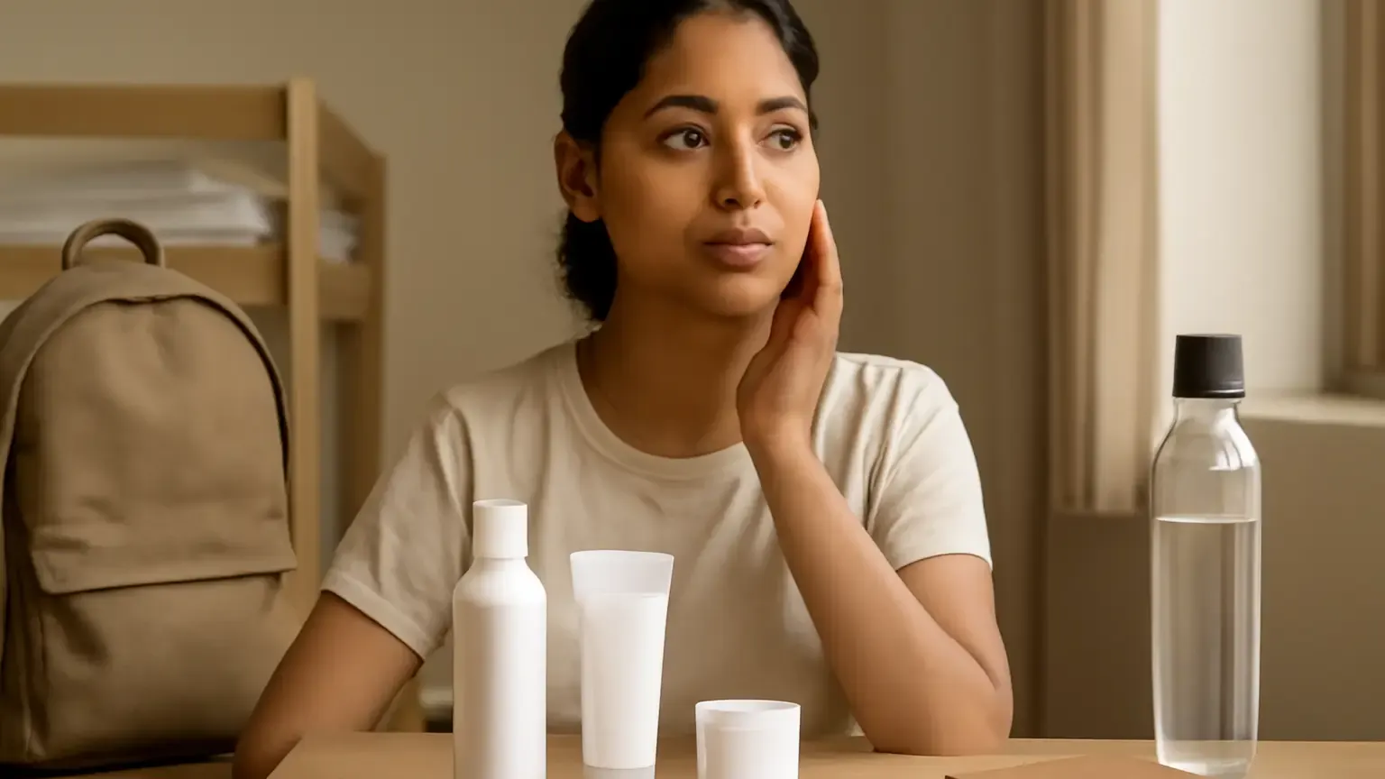 Indian college student’s simple three-product skincare setup on a hostel desk