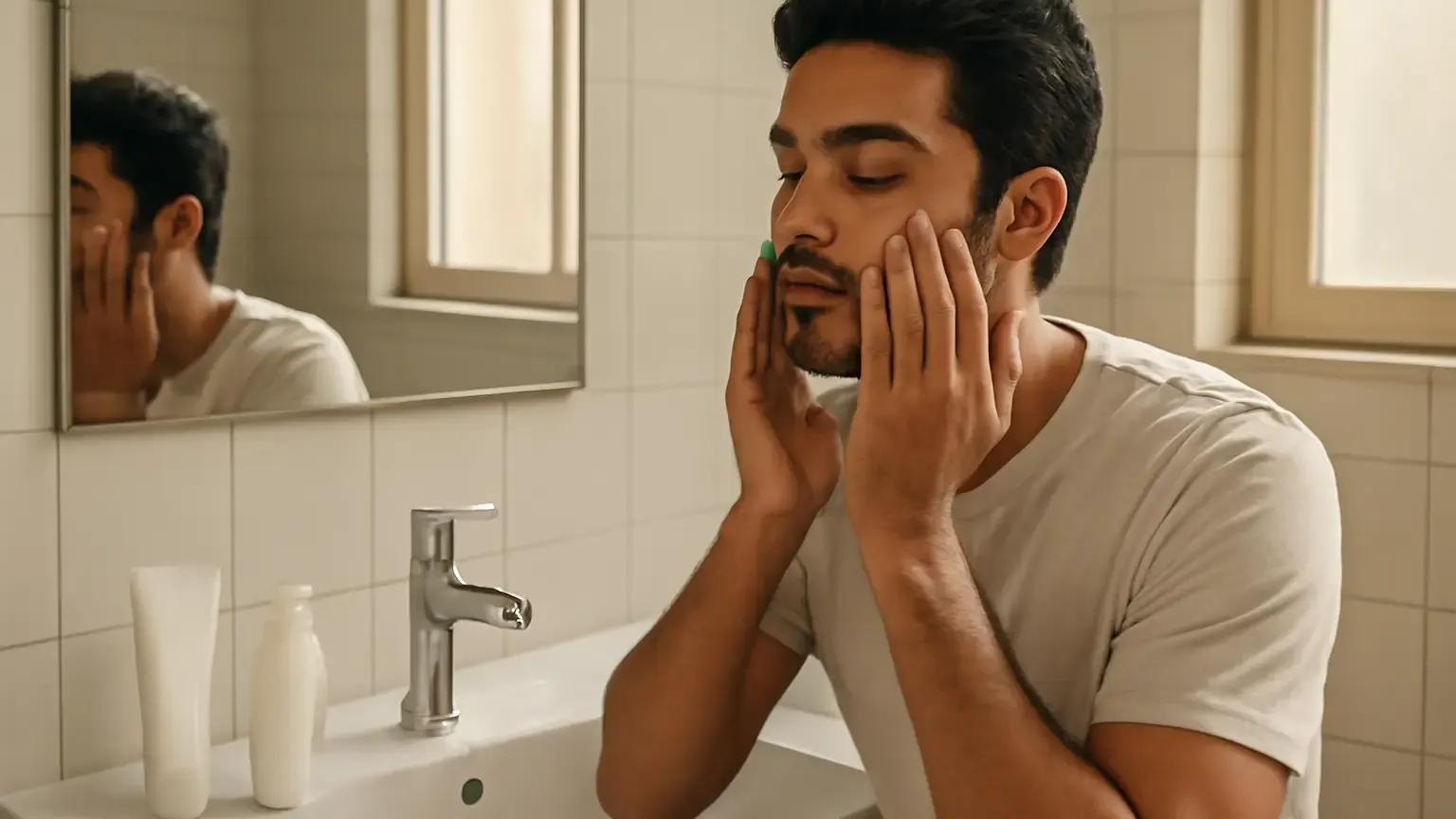 Indian man following a simple skincare routine with cleanser, moisturiser and sunscreen