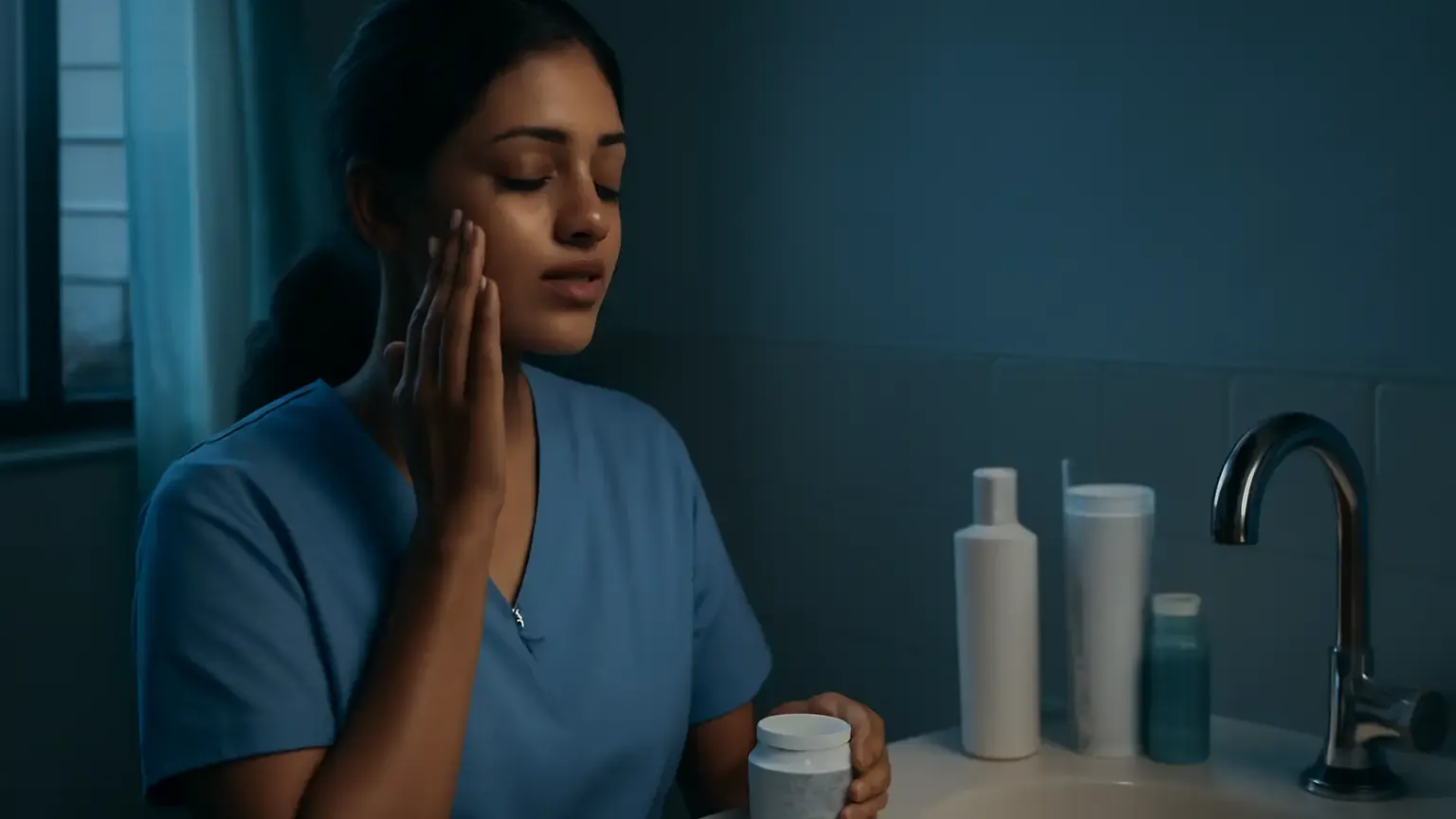 Indian night-shift worker applying moisturiser beside skincare products at dawn