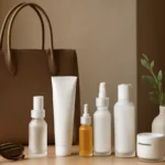 Working woman preparing a simple morning skincare routine beside her office bag