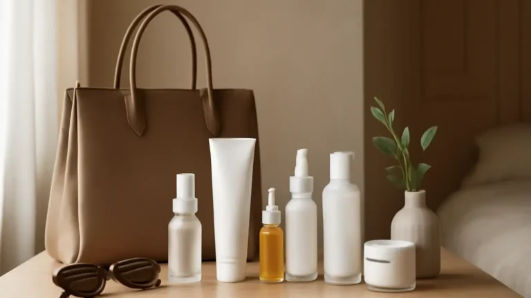 Working woman preparing a simple morning skincare routine beside her office bag