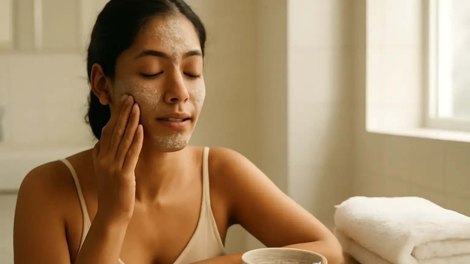 Indian woman gently applying an unbranded face mask during a simple skincare routine