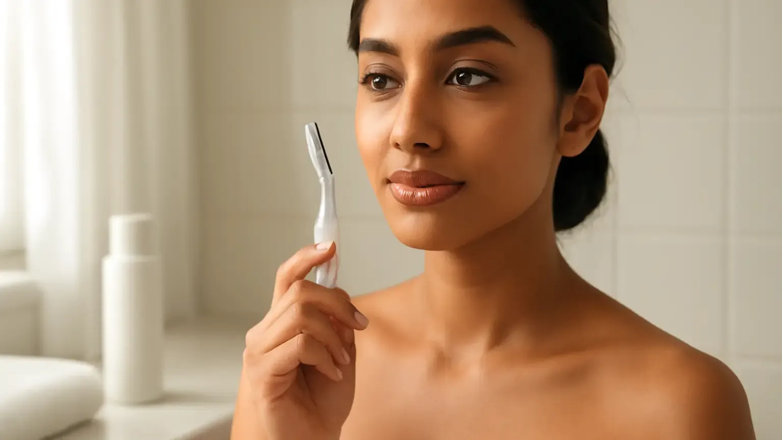 Woman preparing clean facial hair removal tools beside moisturiser and sunscreen