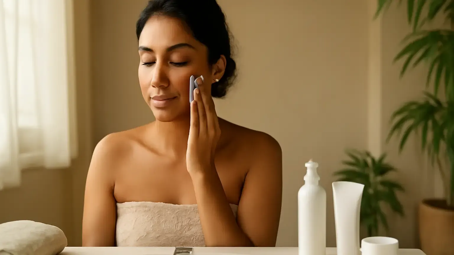 Woman following a simple gentle skincare routine with cleanser, moisturiser and sunscreen