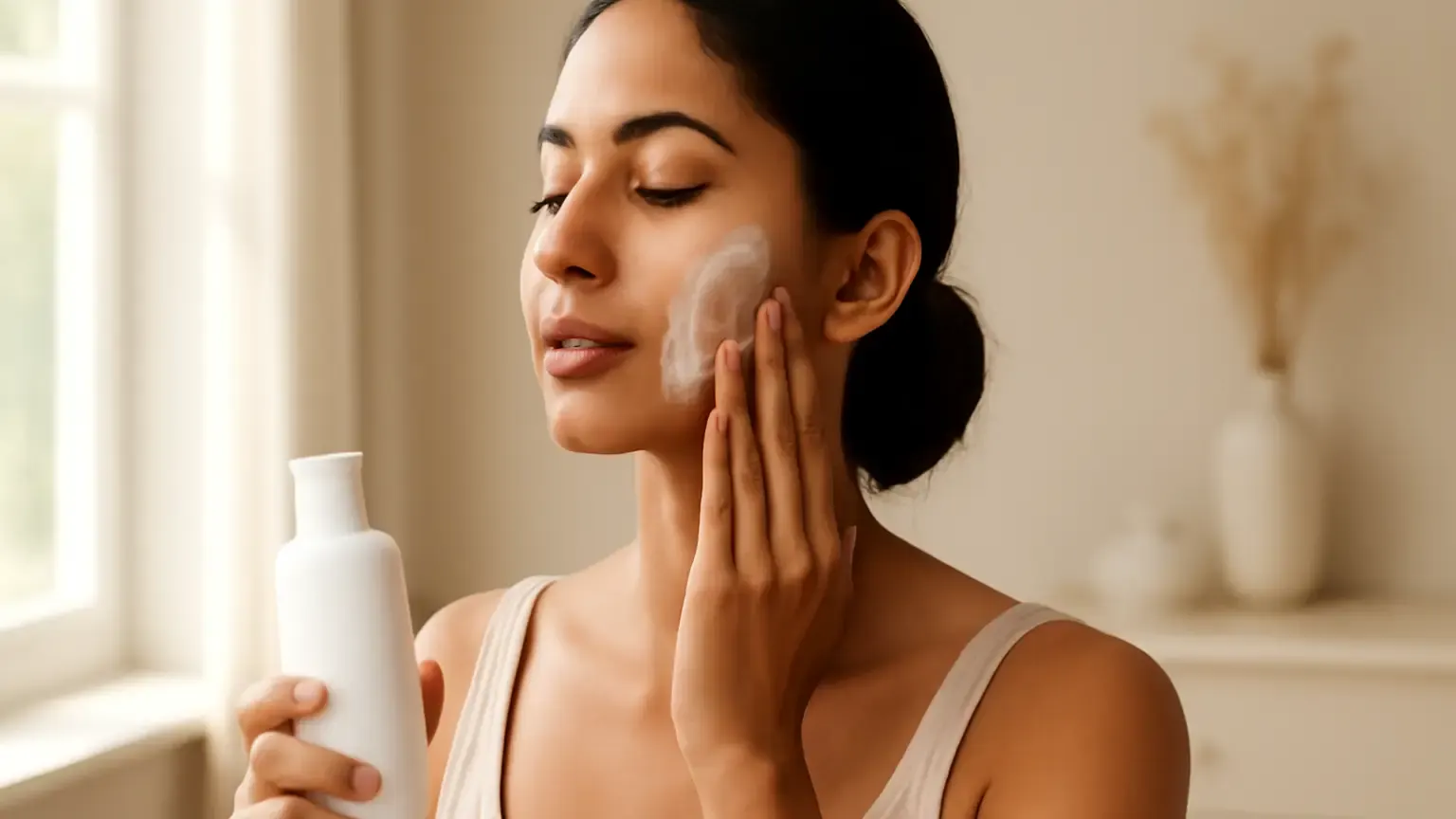Indian woman applying sunscreen evenly to her face and neck near a bright window.