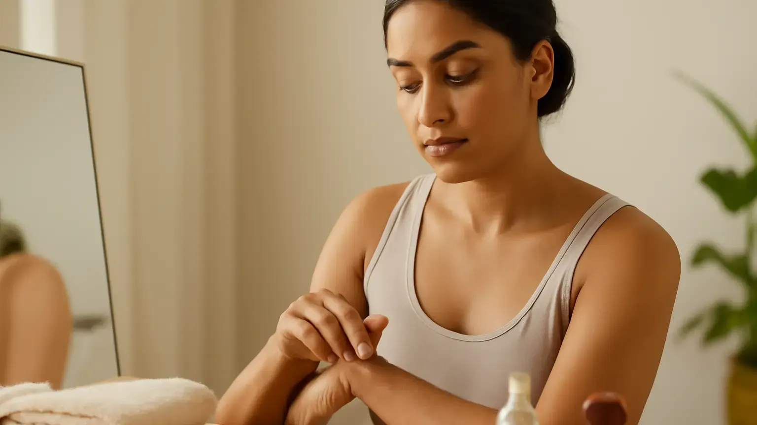 Woman patch testing skincare on her inner forearm before an event