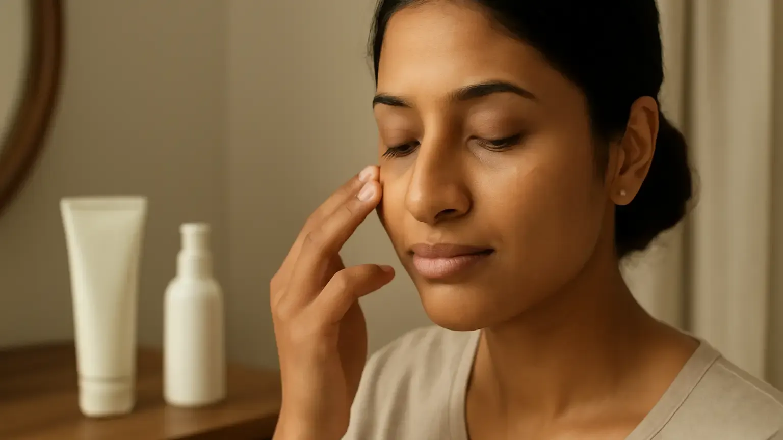 Woman gently applying moisturiser around the under-eye area in a softly lit Indian bedroom