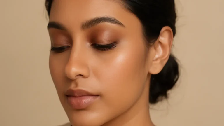 Indian woman wearing softly blended brown eyeshadow with a defined outer corner and lash line