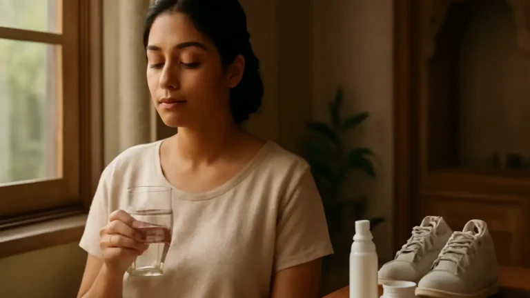 Woman practising a calm wellness routine with water and simple skincare in an Indian home