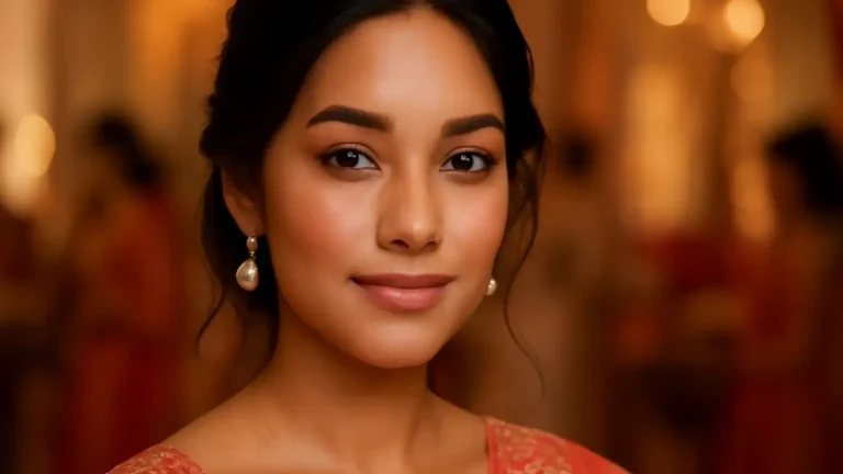 Indian wedding guest wearing fresh, softly defined makeup with rose blush and a terracotta-pink lip