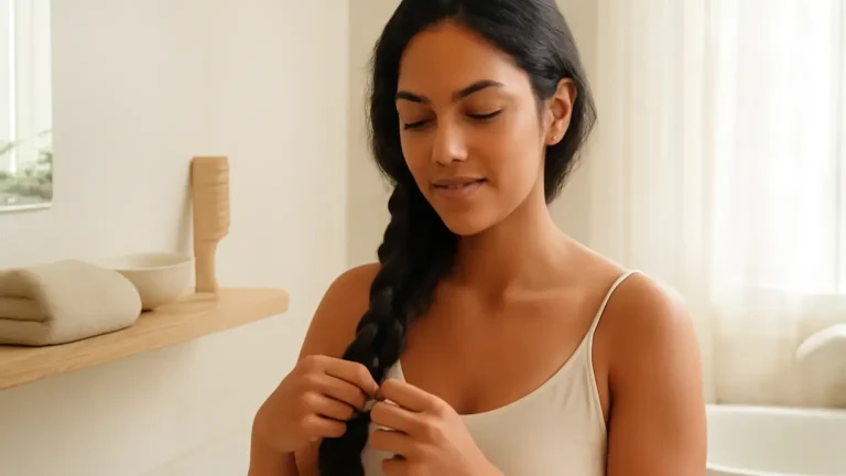 Woman following a weekly hair care routine with a loose braid, comb and towel