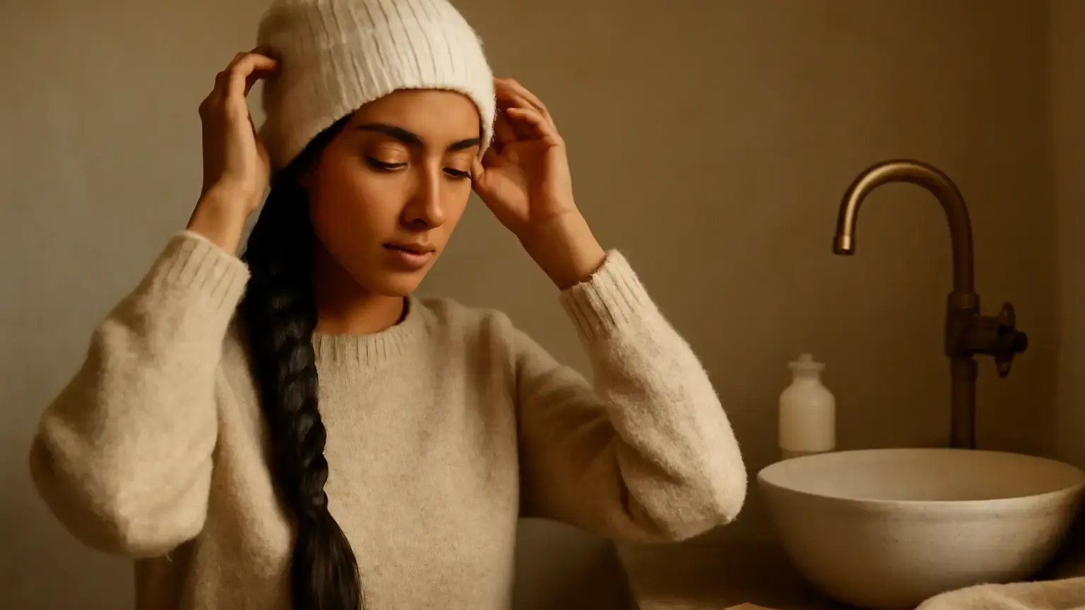 Indian woman in a loose braid wearing a soft winter cap beside simple hair-care essentials