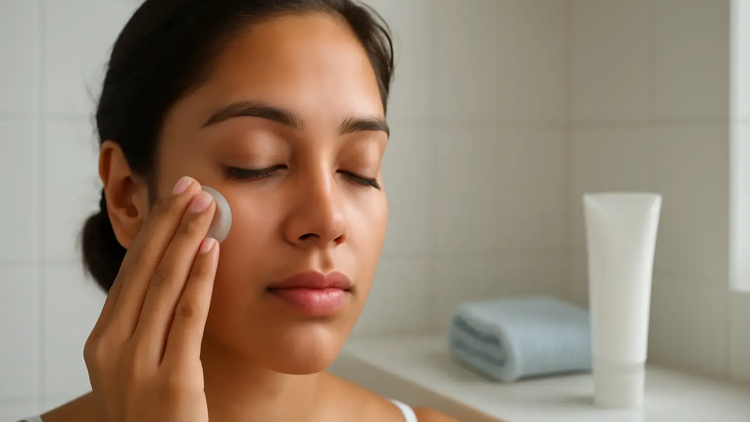 Woman gently moisturising mildly sensitive skin after facial threading