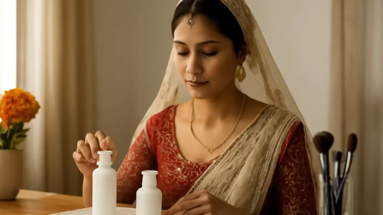Indian wedding preparation scene with gentle skincare products and clean makeup brushes