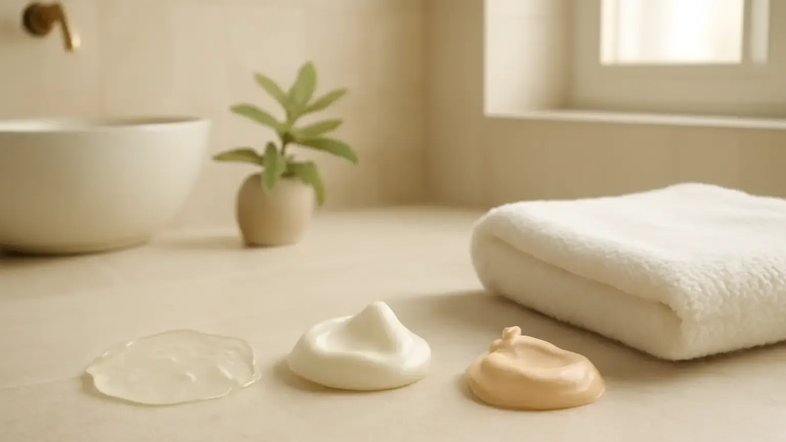 Three unbranded gel, cream and active cleanser textures arranged for acne-prone skin care.
