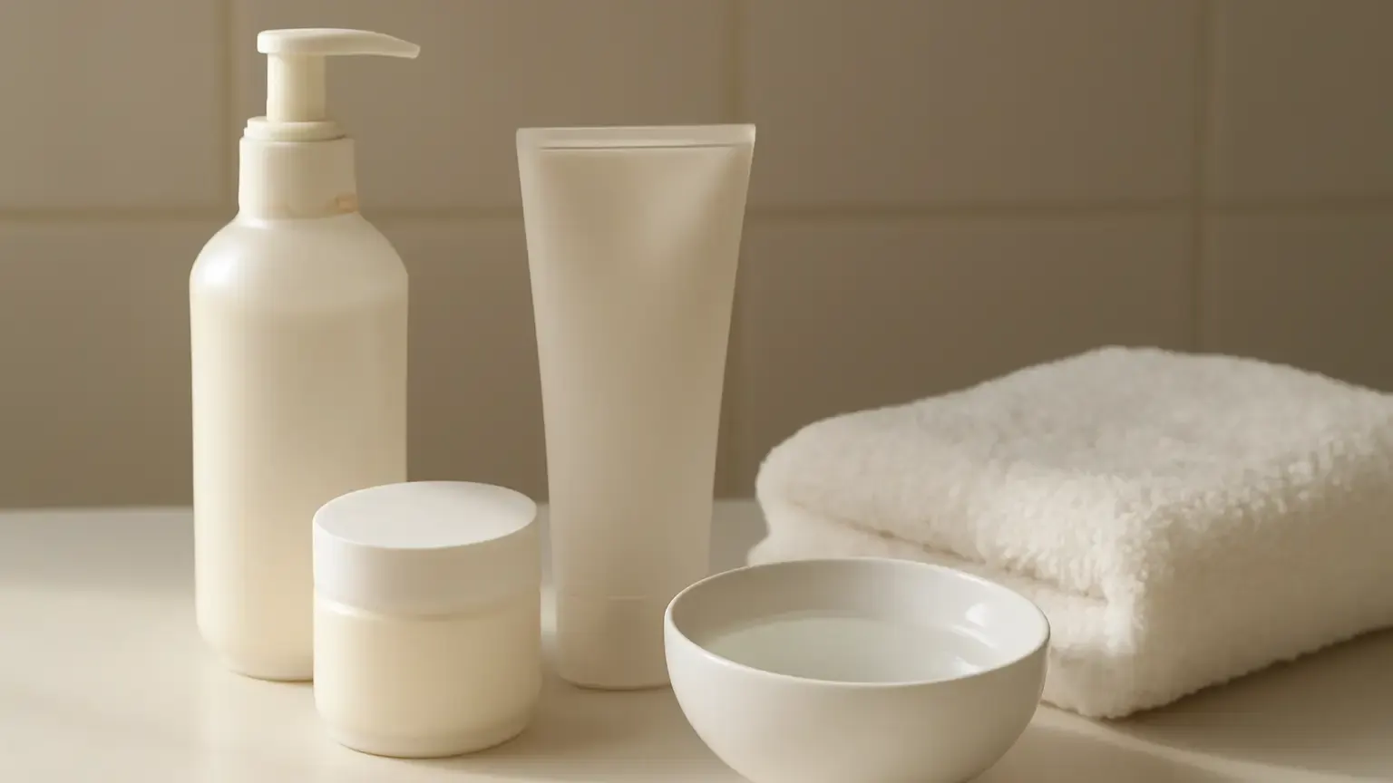 Gentle unbranded skincare routine arranged for acne-prone skin
