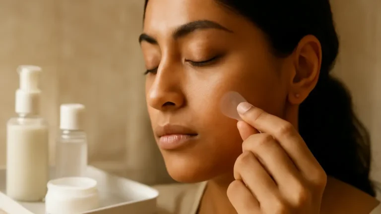Hydrocolloid patch beside a clean skincare routine for acne-prone skin