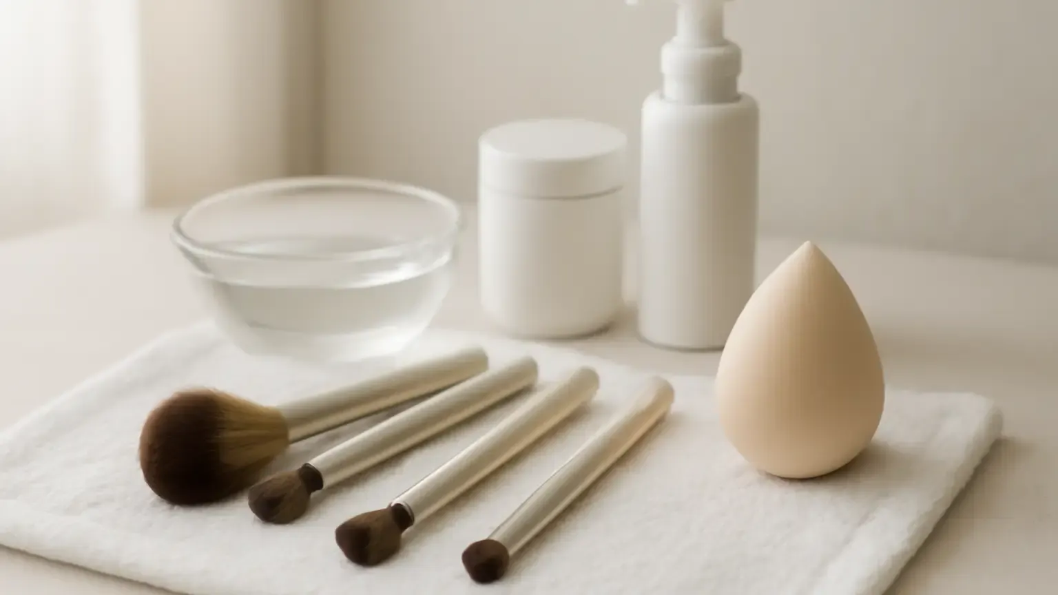 Clean synthetic makeup brushes drying flat beside a makeup sponge and closed cosmetics