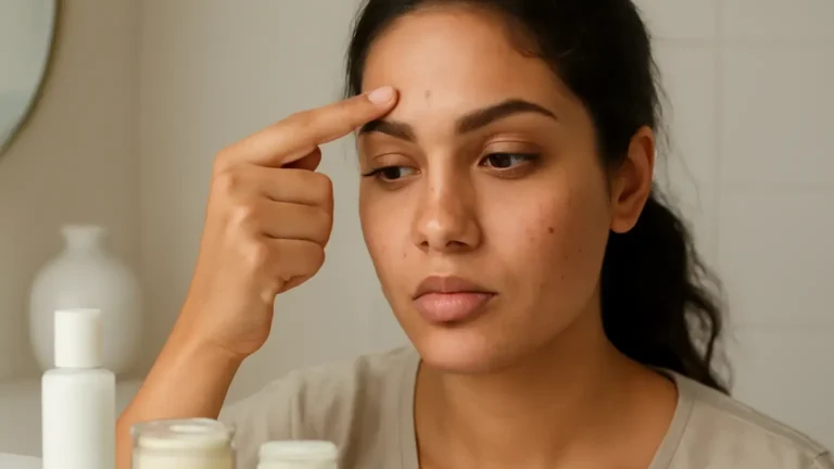 Indian woman applying primer selectively to the T-zone beside unbranded makeup textures