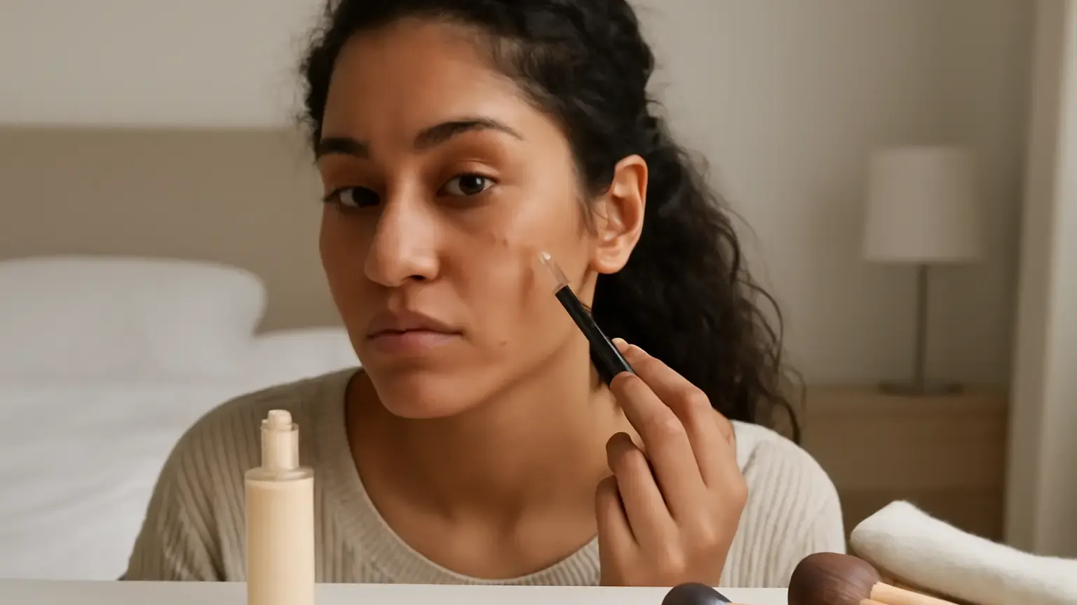 Woman applying targeted concealer to blemishes beside clean makeup tools