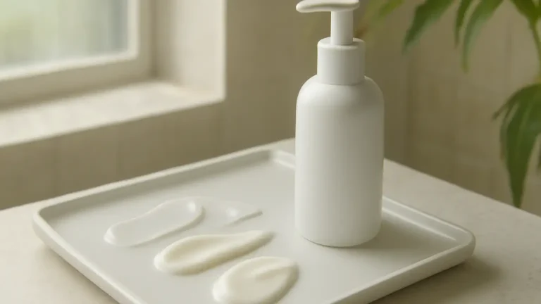Gel, lotion and light cream moisturiser textures arranged in an Indian bathroom setting.