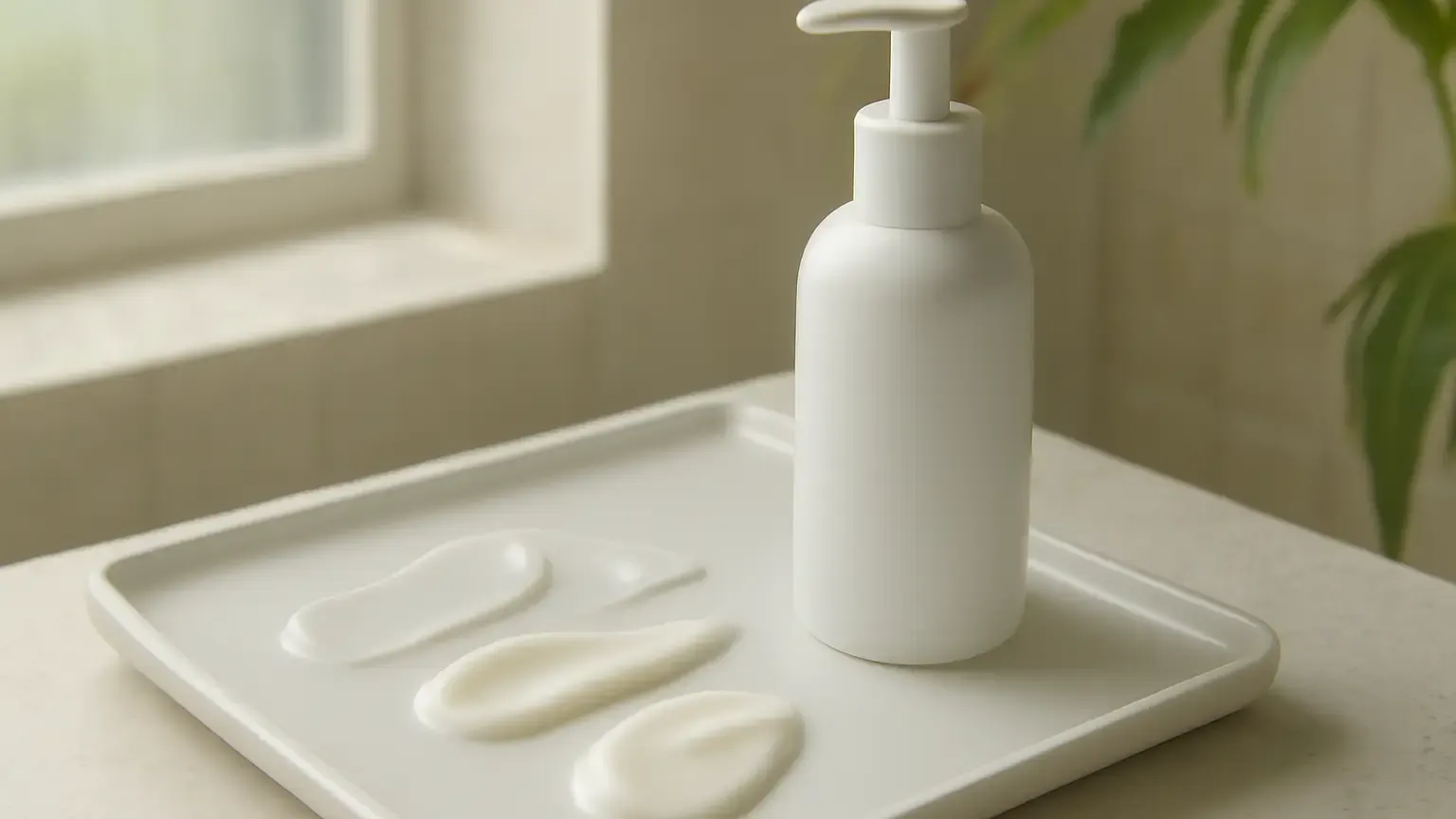 Gel, lotion and light cream moisturiser textures arranged in an Indian bathroom setting.