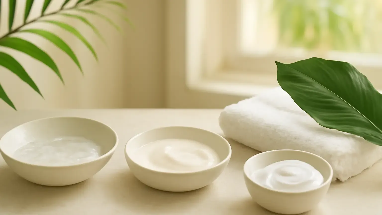 Gel, lotion and cream moisturiser textures arranged in an Indian home setting