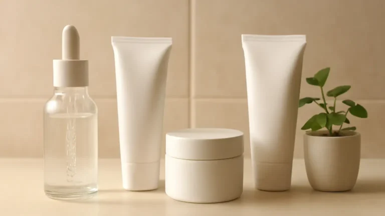 Unbranded niacinamide serum with gentle skincare products in an Indian bathroom setting