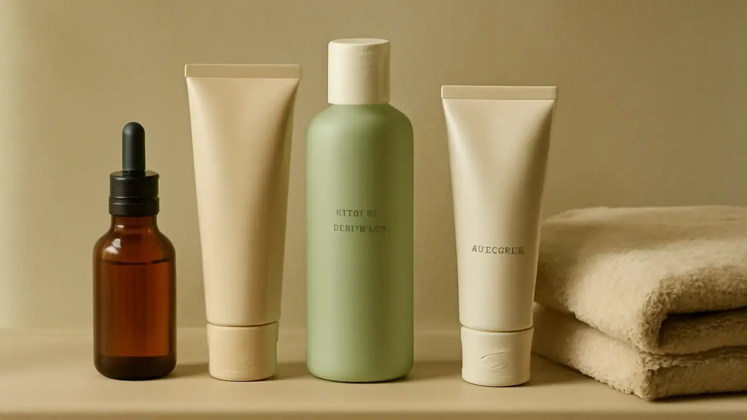 Unbranded retinol, moisturiser, cleanser and sunscreen arranged for a beginner acne-prone skincare routine.