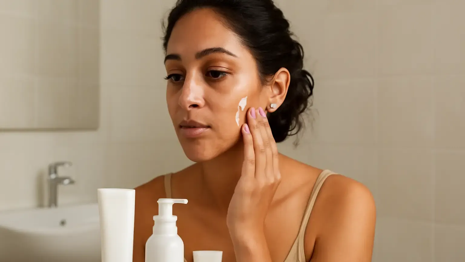 Indian woman following a gentle salicylic acid skincare routine with moisturiser