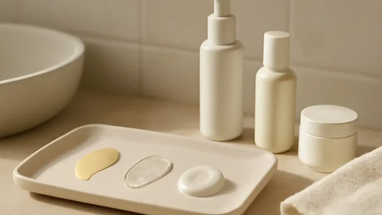 Three unbranded sunscreen textures showing fluid, gel and lightweight cream finishes in an Indian skincare setting.