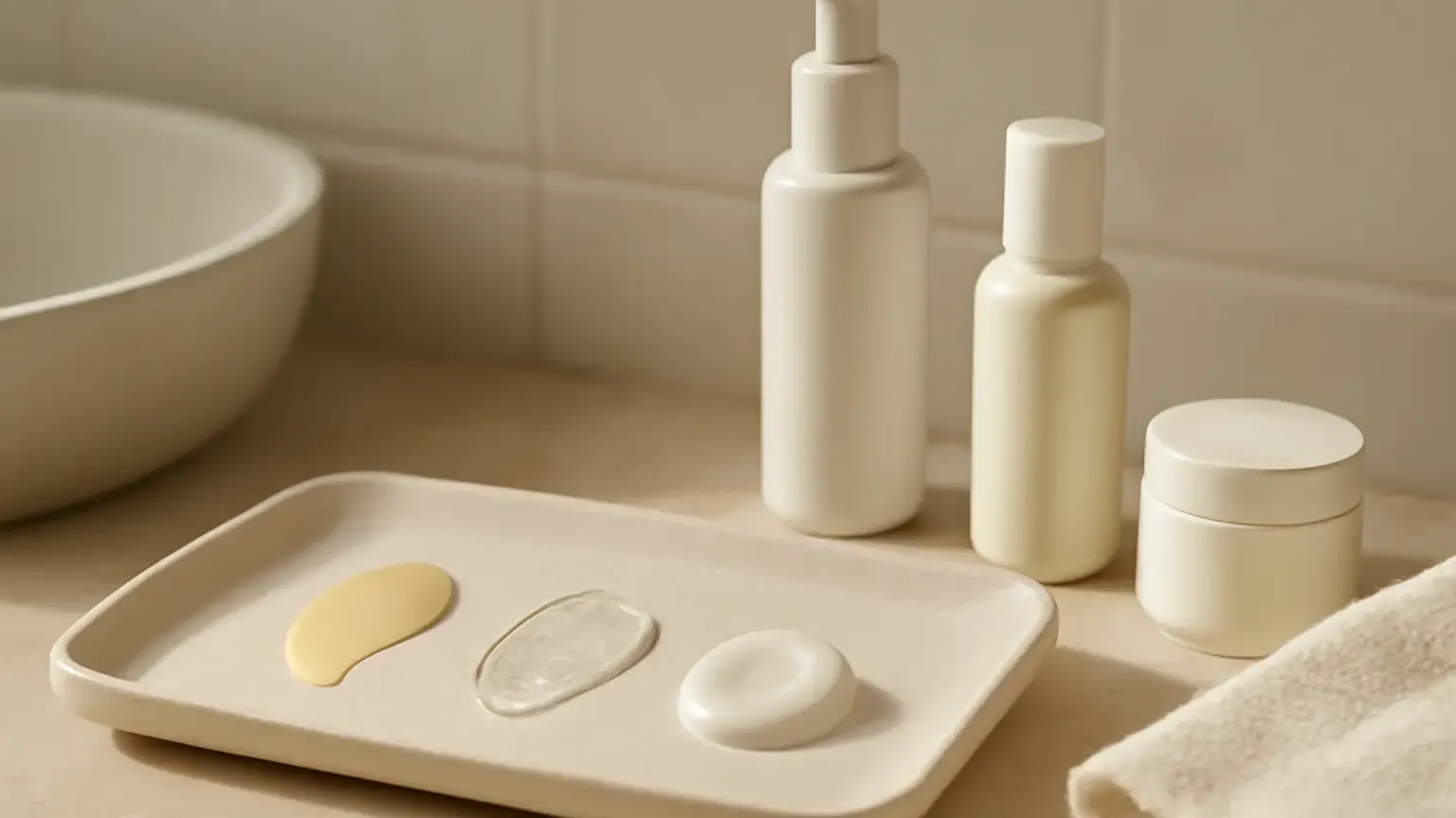 Three unbranded sunscreen textures showing fluid, gel and lightweight cream finishes in an Indian skincare setting.