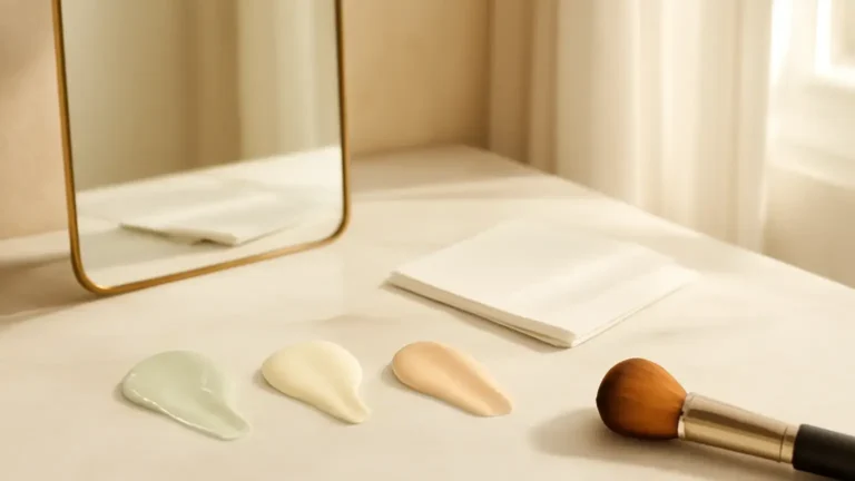 Unbranded gel, fluid and matte sunscreen textures arranged for an acne-prone skincare routine.