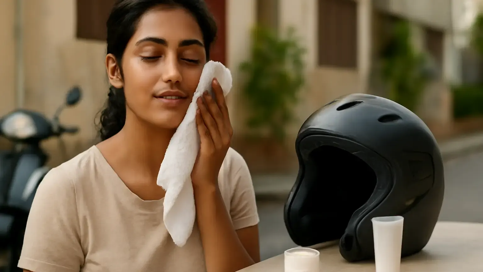 Indian commuter gently blotting sweat beside a clean helmet and lightweight skincare products