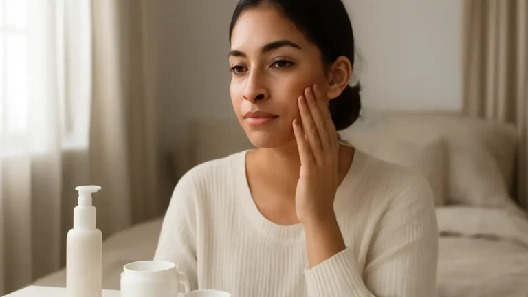 Woman applying lightweight moisturiser for acne-prone skin in winter