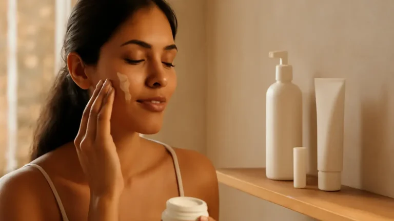 Indian woman applying moisturiser beside simple autumn skincare essentials