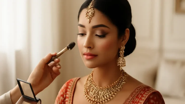 Indian bride with balanced long-wear makeup during wedding preparation