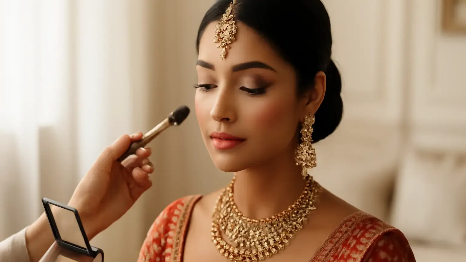Indian bride with balanced long-wear makeup during wedding preparation