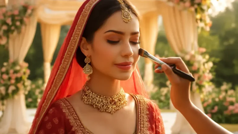 Indian bride with a fresh skin-like makeup base in bright daytime wedding light