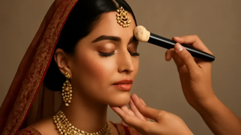 Indian bride with balanced soft-matte makeup and targeted T-zone setting