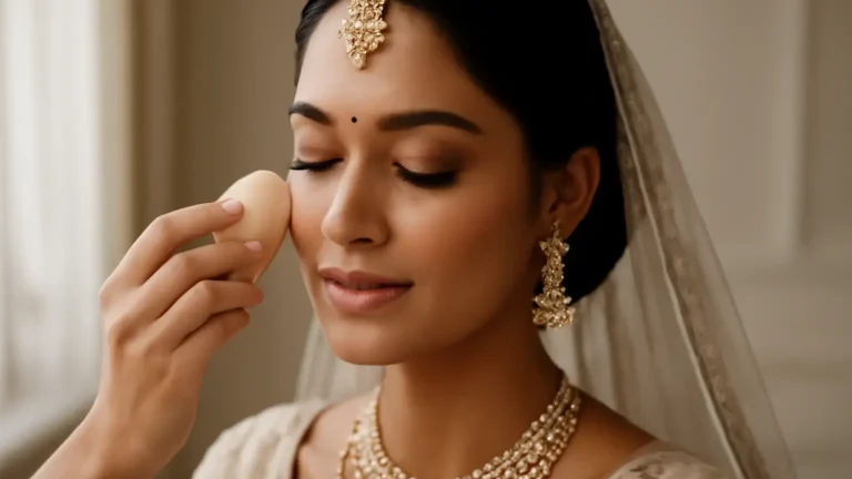 Indian bride receiving fresh bridal makeup for dry skin with a luminous natural base