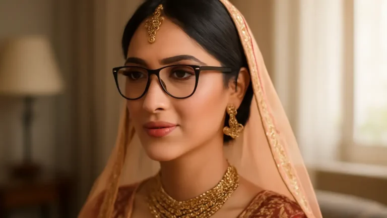 Indian bride wearing spectacles with defined, photo-ready bridal eye makeup