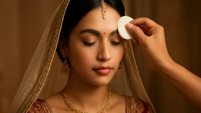 Indian bride receiving a targeted powder touch-up for oily-skin wedding makeup