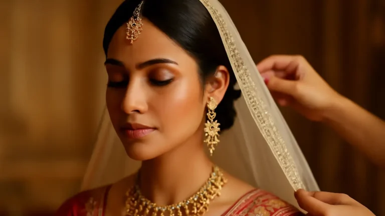 Indian bride with a fresh soft-matte bridal makeup look prepared for a long wedding ceremony