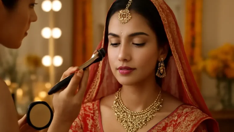 Indian bride receiving a strategic bridal makeup touch-up for oily skin