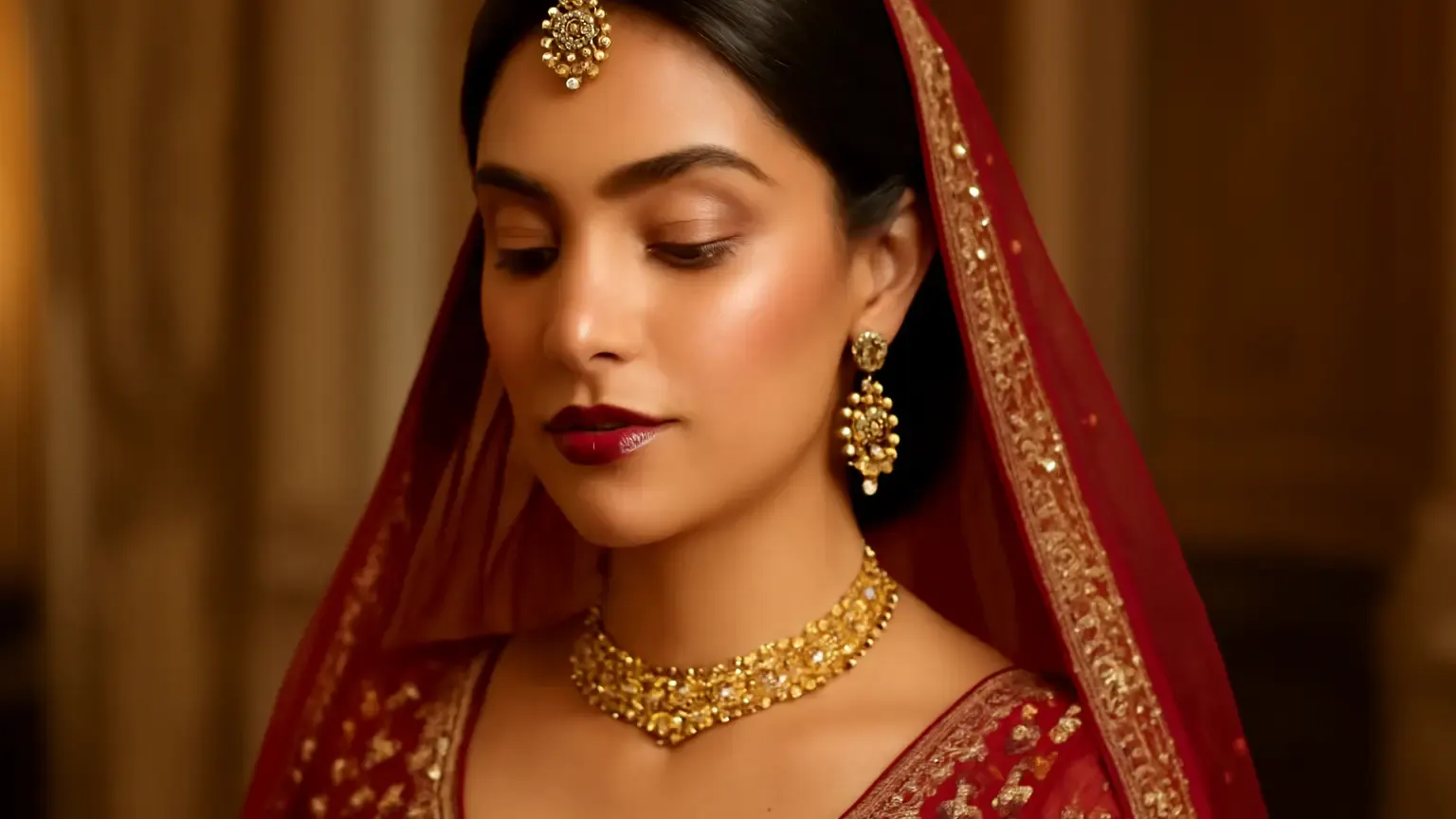 Indian bride in a red lehenga with refined warm and berry-toned bridal makeup