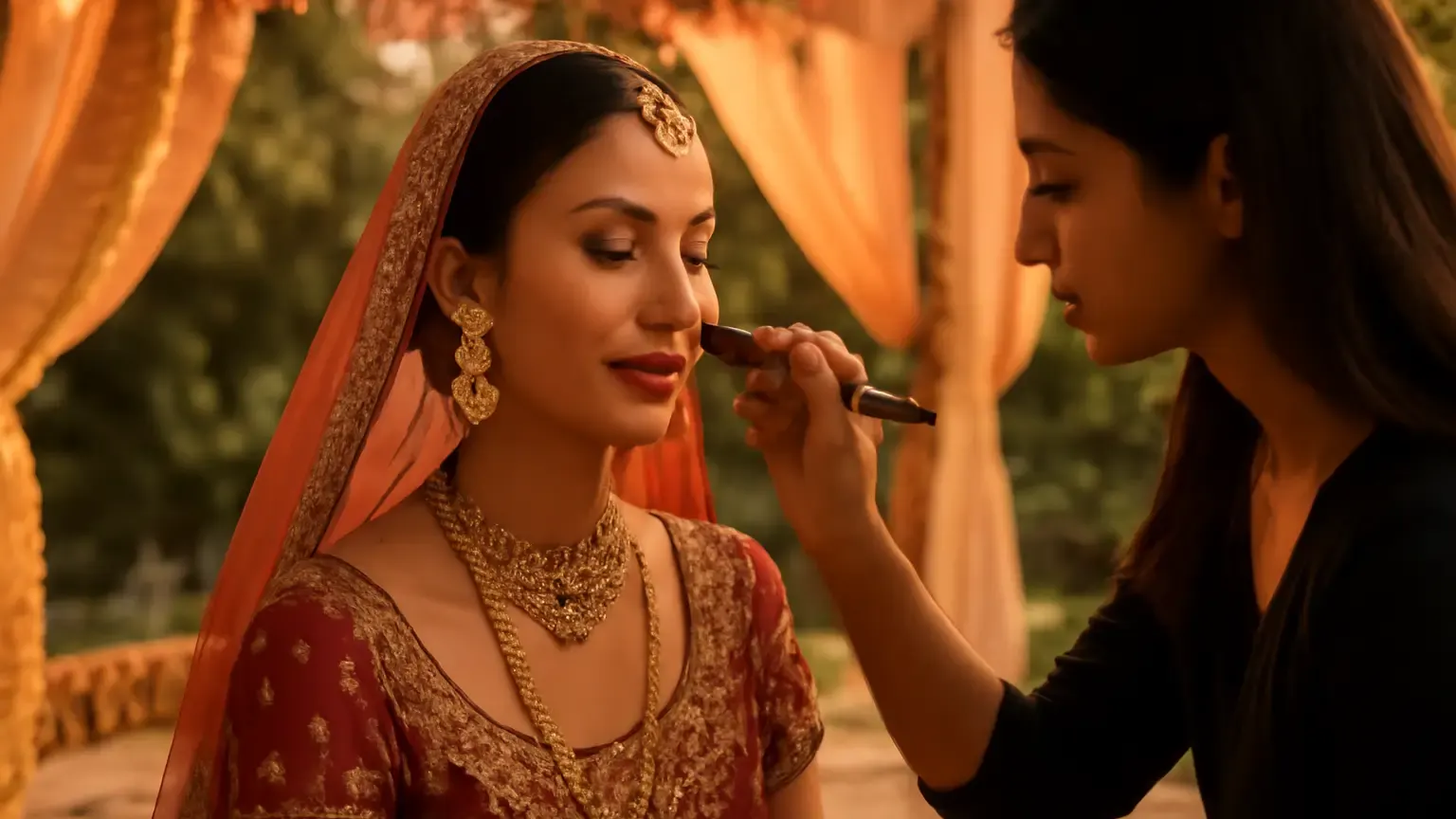 Indian bride receiving a light makeup touch-up beside a warm outdoor mandap.